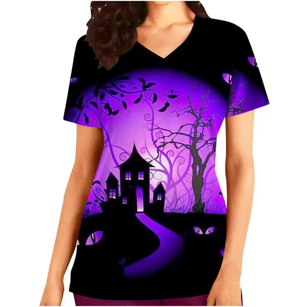 Хирургическая униформа женские топы для медсестры с принтами на Хэллоуин