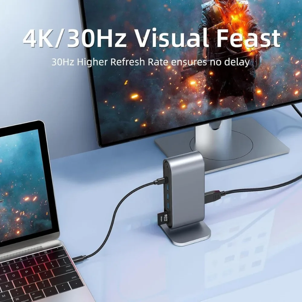 Фото Док-станция NULOXO 12-в-1 USB-C с поддержкой двух мониторов, HDMI, VGA, 100W PD, 4 портами USB 3.0, Ethernet, аудиовыходом, слотами SD/TF для Mac/Windows №3