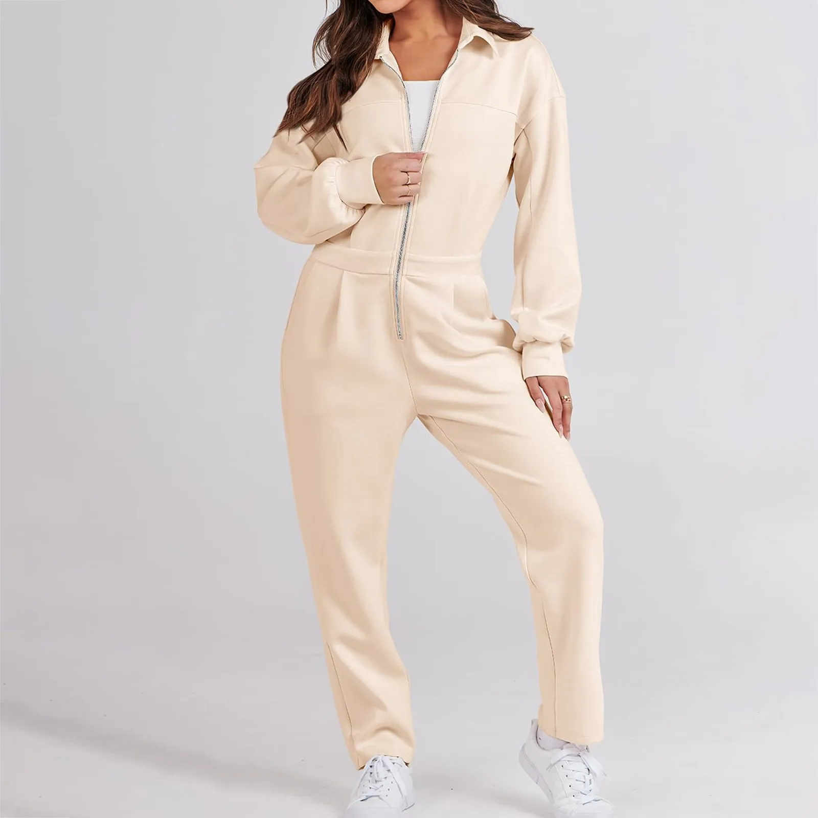 

2023 Fashion Zipper Jumpsuit Women Oversize Loose Sweatshirt Long Sleeve Round Neck Pullover Overalls Streetwear