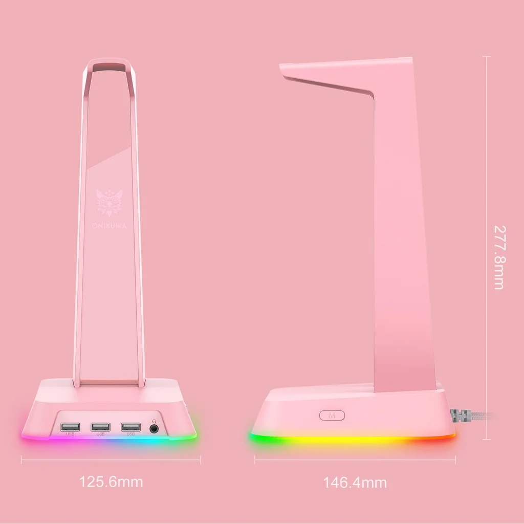 Onikuma ST2 Pink RGB Gaming Headphone Stand Computer Headset Desktop Display Holder Luminous Logo with 3 USB and 3.5mm AUX Ports |