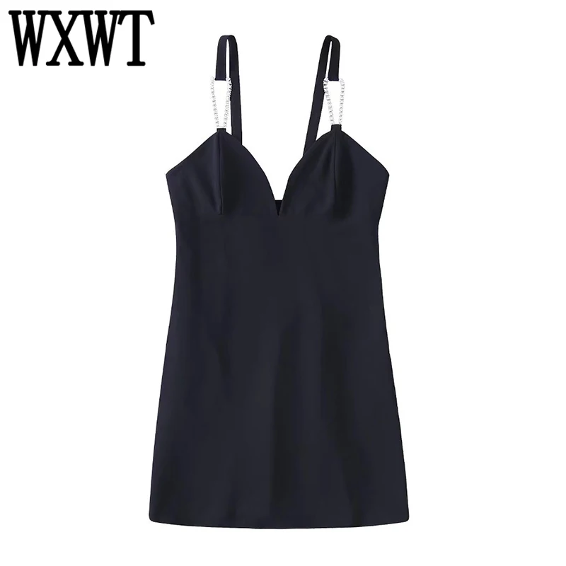 

WXWT 2022 женское летнее черное платье на бретельках с V-образным вырезом без рукавов, женское Короткое платье в стиле Хай-стрит, платья BB22691