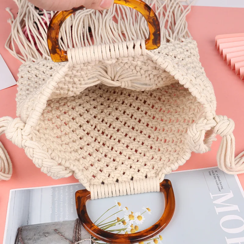 Ручная вязаная крючком женская сумка из хлопчатобумажной нити с кисточками