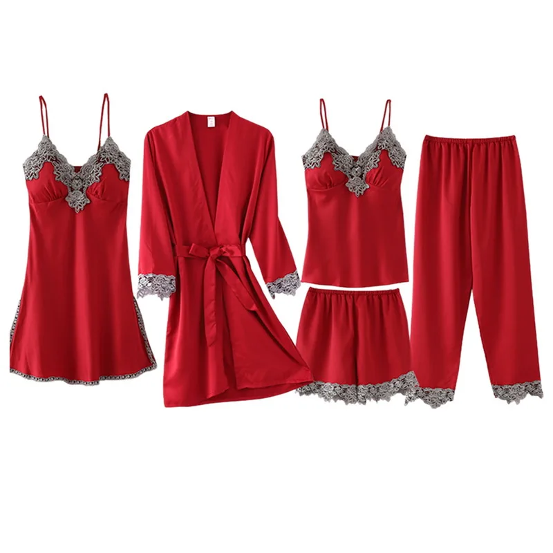 

Red Women Rayon 5PCS Robe Gown Sets Sexy Lace Floral Trim Bride Dressing Sleep Suit Loose Lingerie Pajamas Set Kimono Nightgown