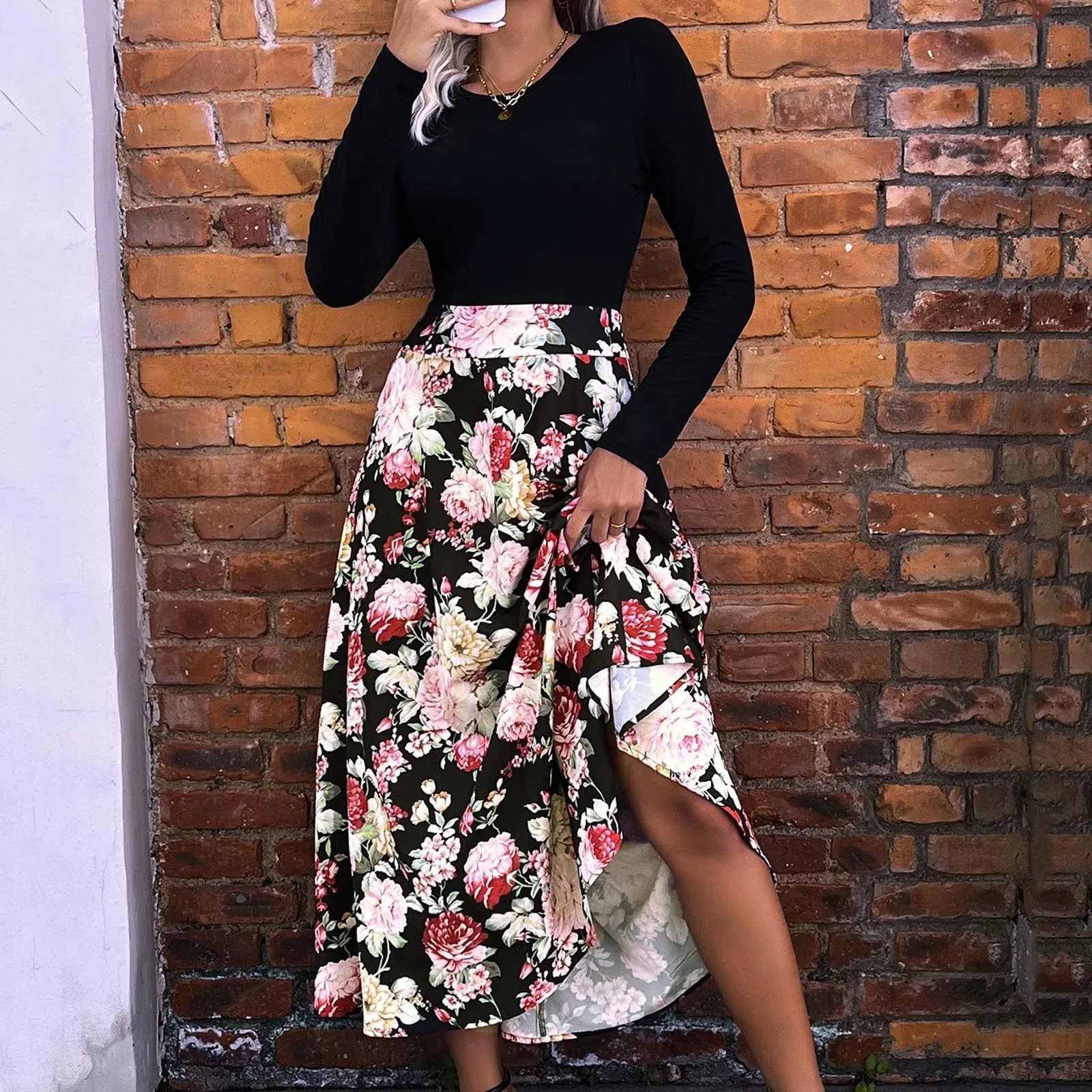 

Ladies Chic Splicing Floral Long Dress Autumn Round Necked Long Sleeve Dresses Office Lady Elegant High Street Casual Maxi Dress