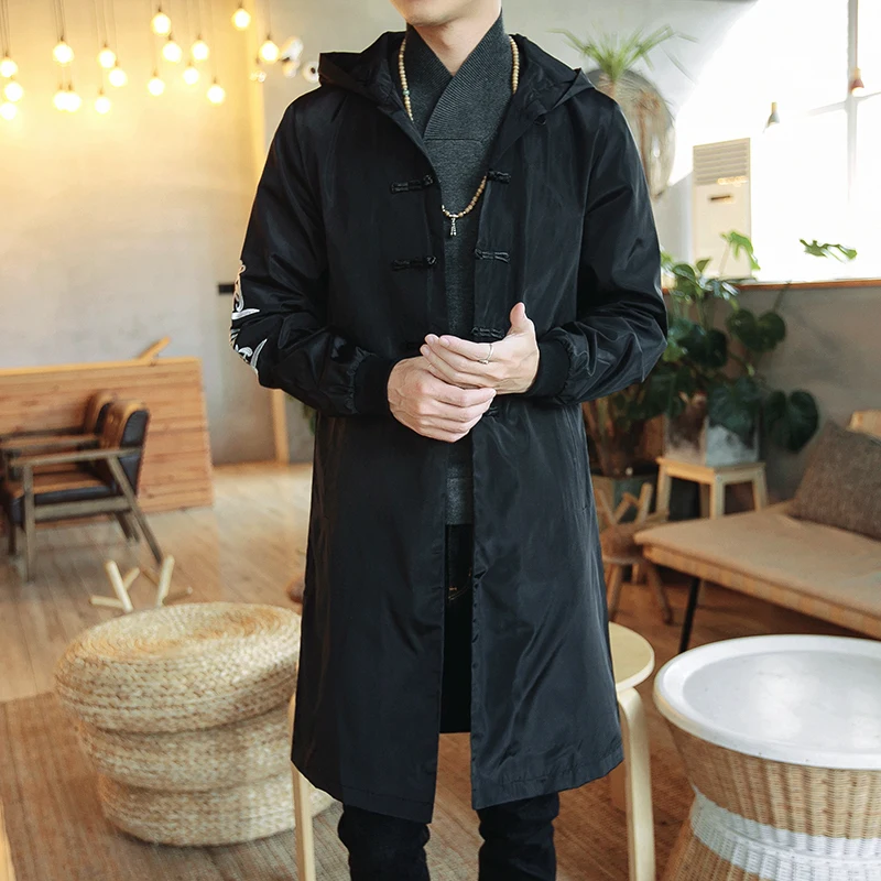 

Chinese Traditional Clothing Men's Plus Size Coat Jacket Autumn and Winter Mid-length Windbreaker Hooded Raincoat Parka