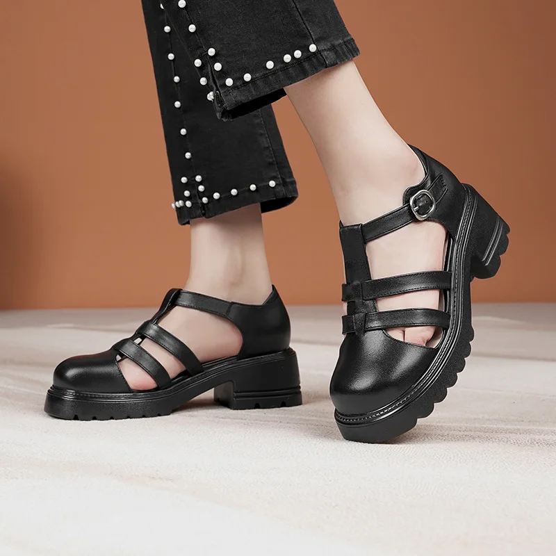 CICIYANG Women Sandals Genuine leather 2023 Summer New British Style Retro Women Sandals Woven Closed Thick Bottom Roman Sandals