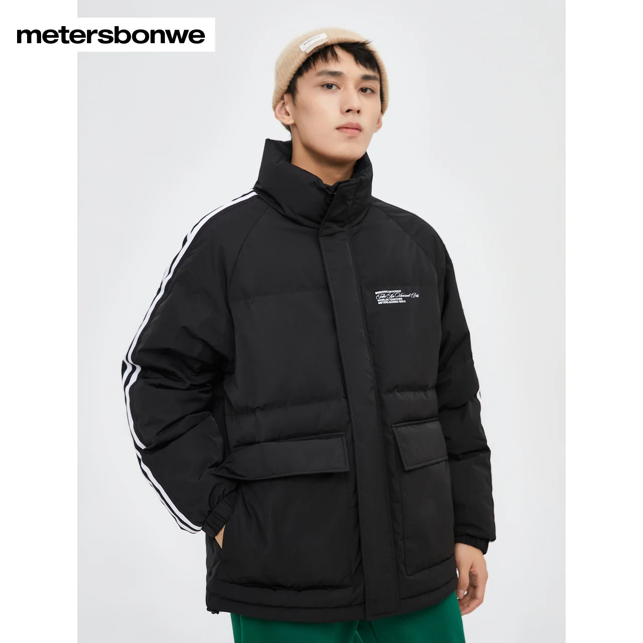 Metersbonwe Men's 22New Winter Stripe Down Jackets Sport Style 80%Duck Down Thick Fashion Warm Wear Stand Collar Loose Outwear