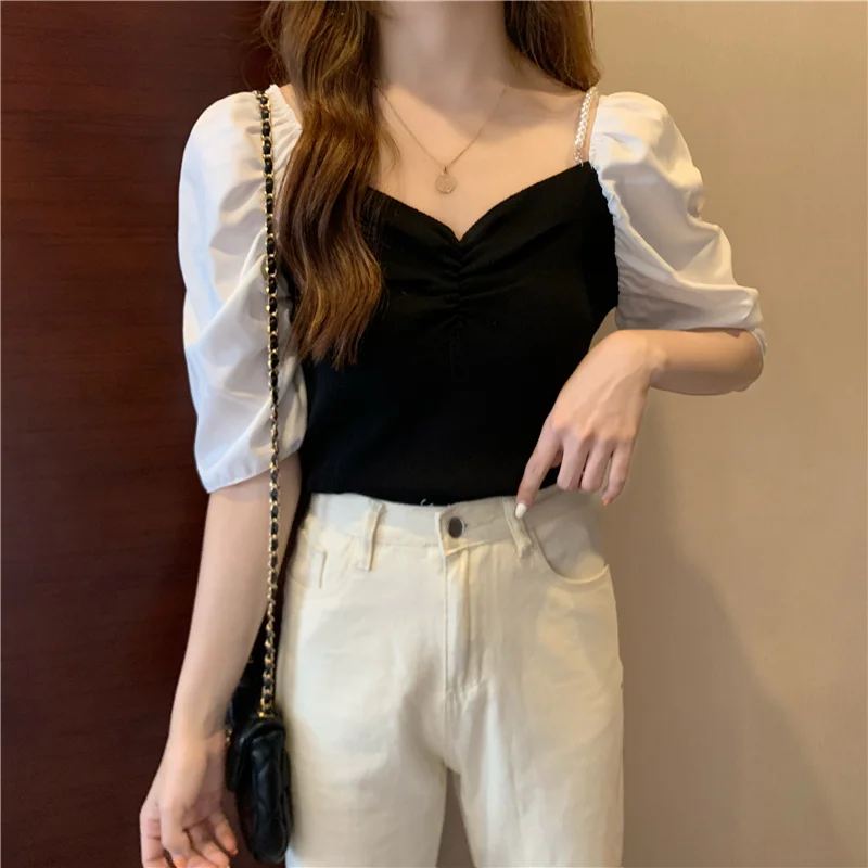 

Estceque New French Vintage Slash Neck Women Shirts Short-sleeved Patchwork Pullover Puff Sleeve White Women Blouses Summer