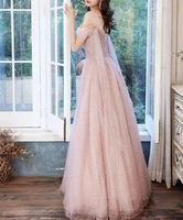 romantic pink evening dress boat neck a line pearls beading long tulle off the shoulder formal party prom gown vestido de noche