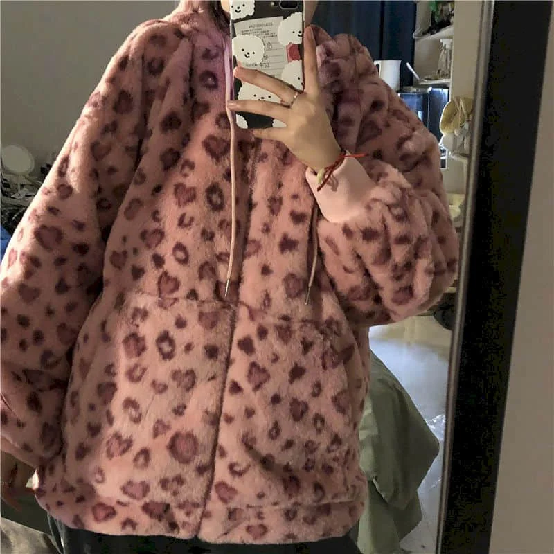 Plus Lamb Wool Coat Women Winter Pink Leopard Print Thick Coat Korean Version Loose Velvet Thick Retro Bright Color Street Coat