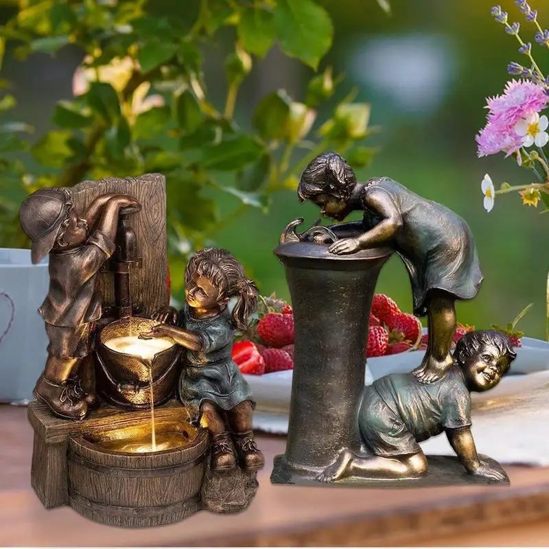 

Garden Sculpture Outdoor Art Decorative Resin Boy And Girl Playing With Running Water Shaped Natural Realistic Texture Ornament