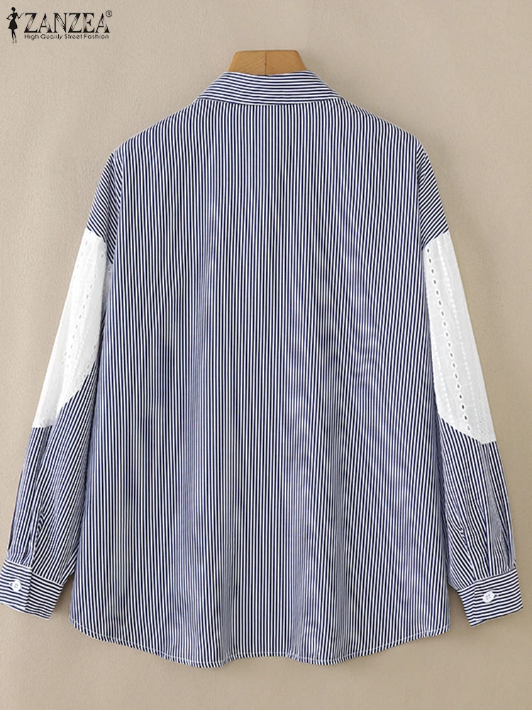 ZANZEA женские рубашки в полоску с принтом модные кружевные топы праздничные