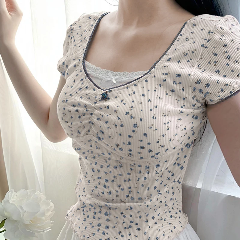 Iamhotty Y2k Женский Контрастный Кружевной Лоскутный Топ С Цветочным Принтом