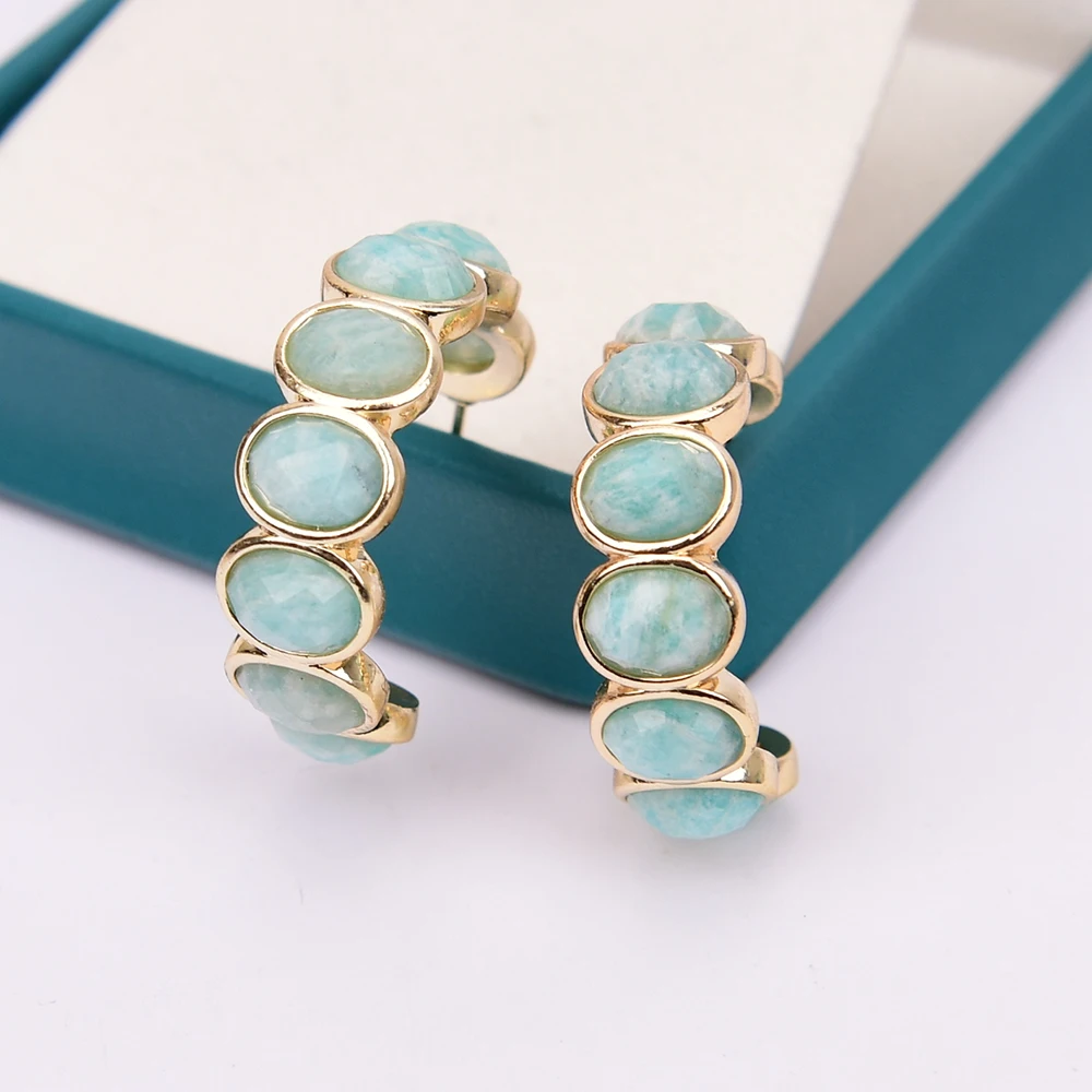 Серьги-кольца с натуральным зелёным амазонитом позолоченные