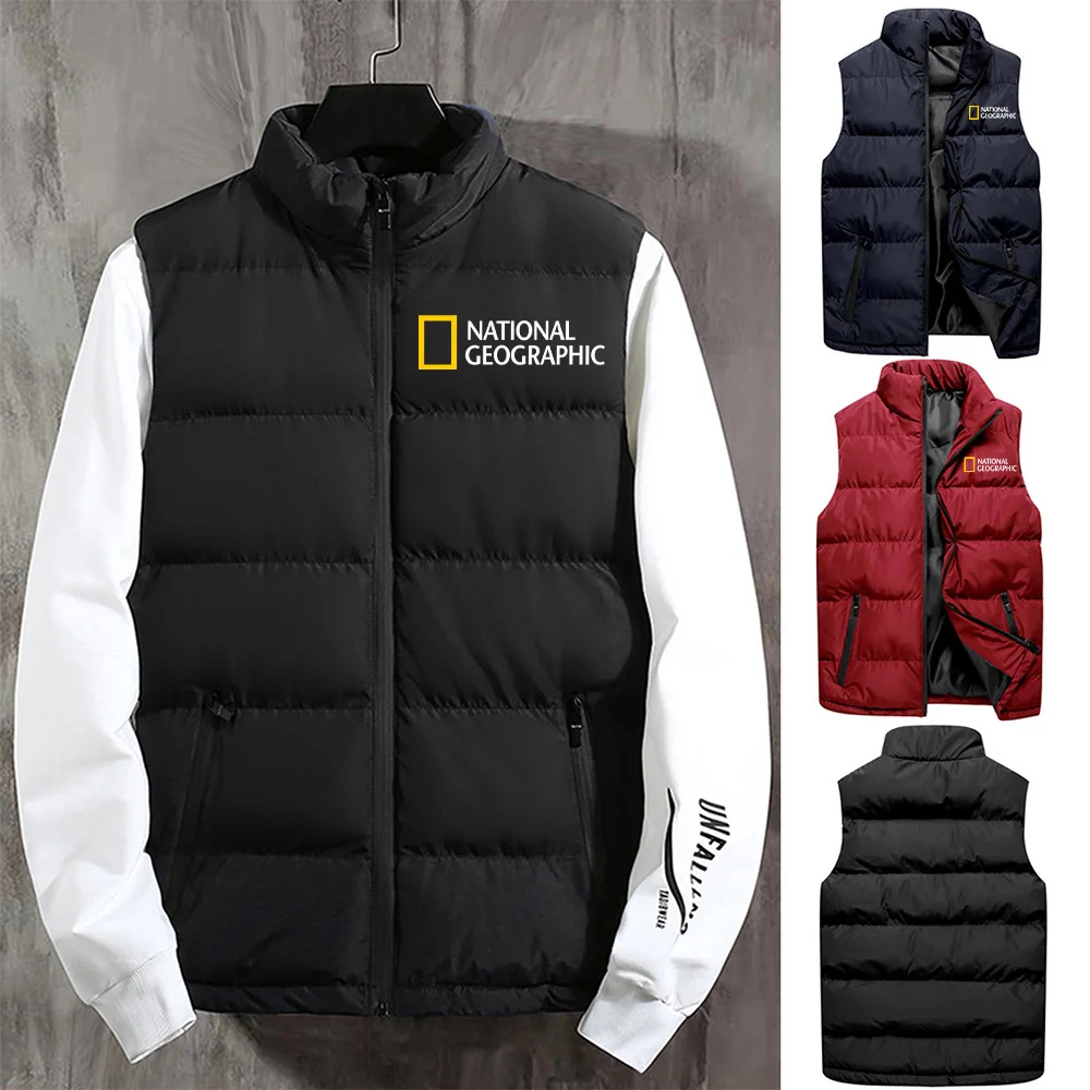 

2022 Men's Autumn Winter Fashion Geographic Logo Printed Sleeveless Zipper Jacket Man High Quality Windproof Down Vest(4 Colors)