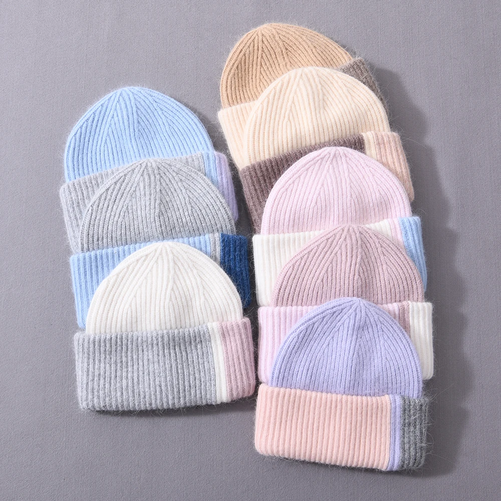 Jaxmonoy Rabbit Fur Winter Beanie Hat For Women Fashionable Colour Clash Design Soft Warm Fluffy Angora Knitted Skullies Hats