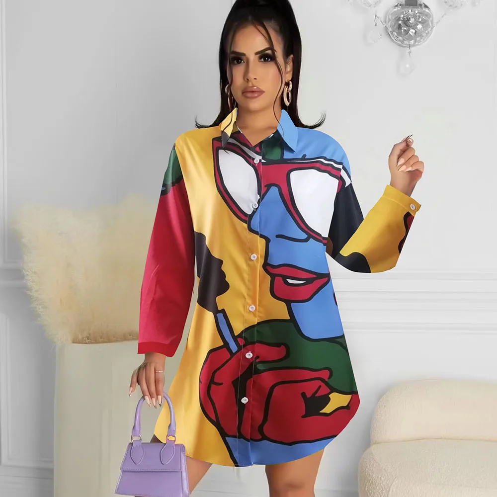 

Fashion Graffiti Print Shirt Dress Women Elegant Top Long Sleeve Buttons Office Loose Casual Mini Dress 2023 Spring Summer New