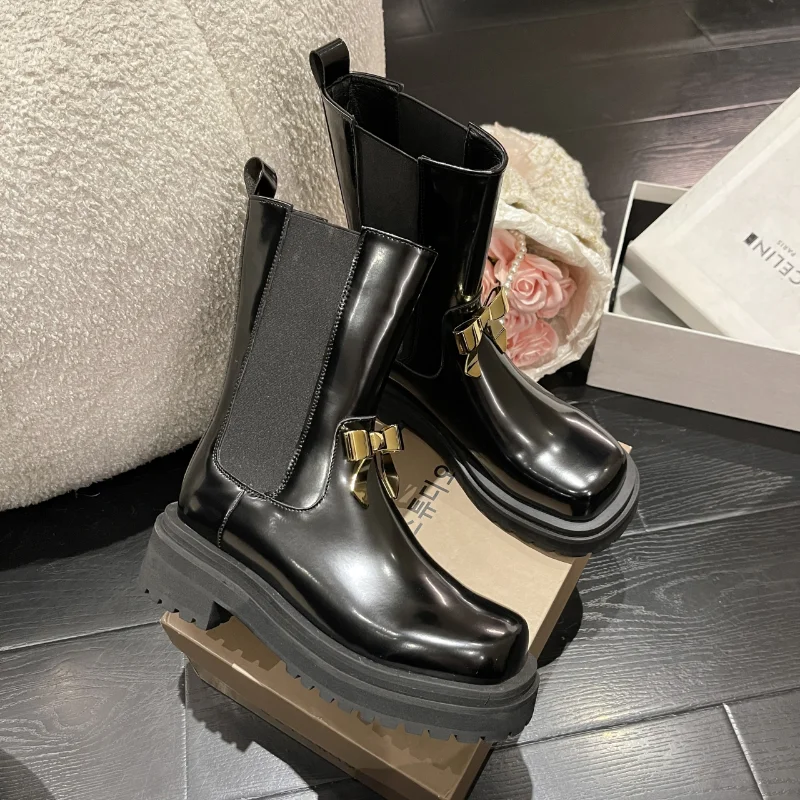 2023 New Winter Women's Boots Fashion Thick Sole Bow New Boots Warm Chain Thick Designer Botas Mujer Boots Women Platform Shoes