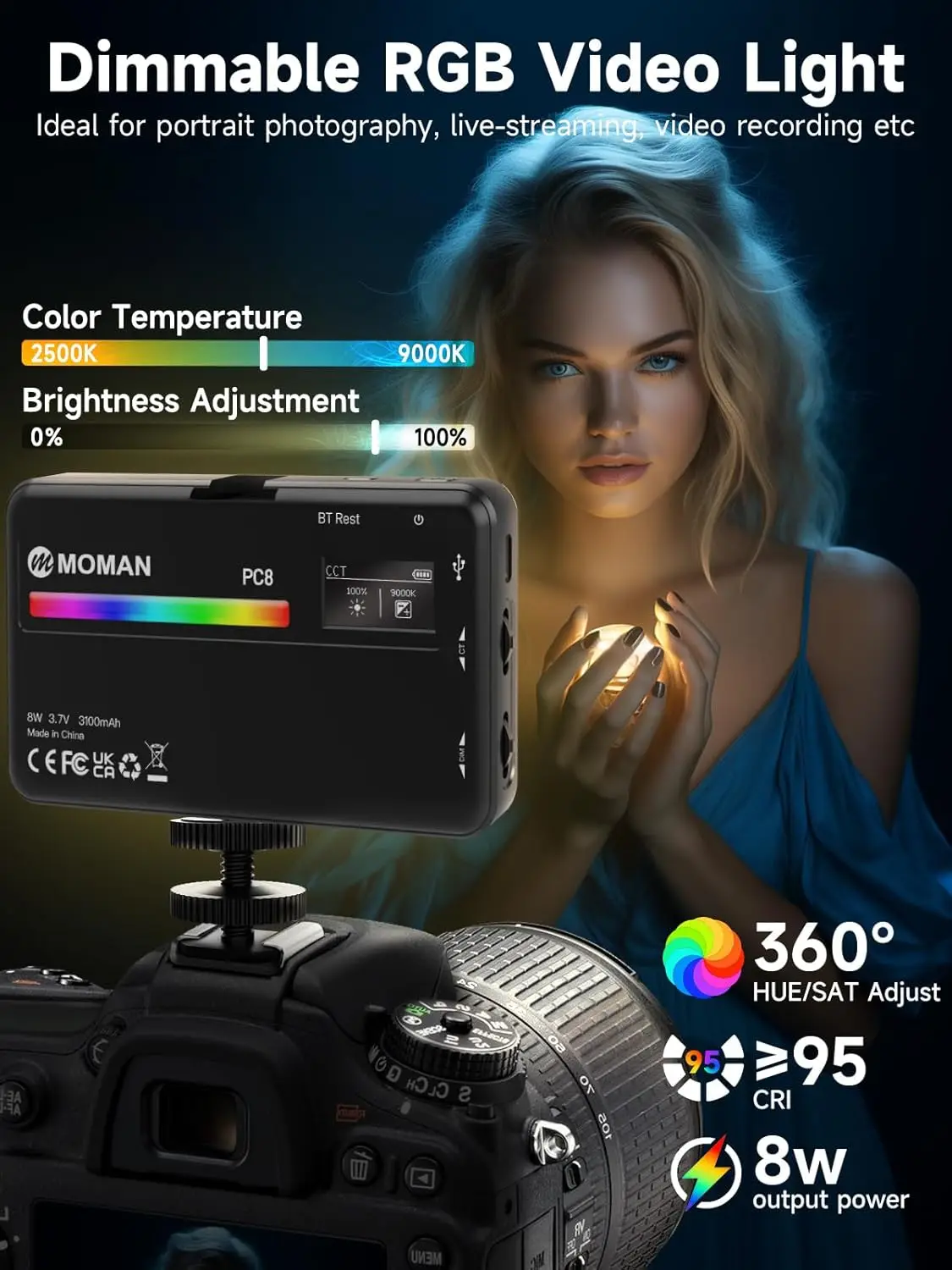 Фото Светодиодная камера Moman RGB с подсветкой для фотосъемки, приложение с беспроводным управлением 2500-9000K CRI 95+ длительный срок службы батареи для GoPro/Sony №3