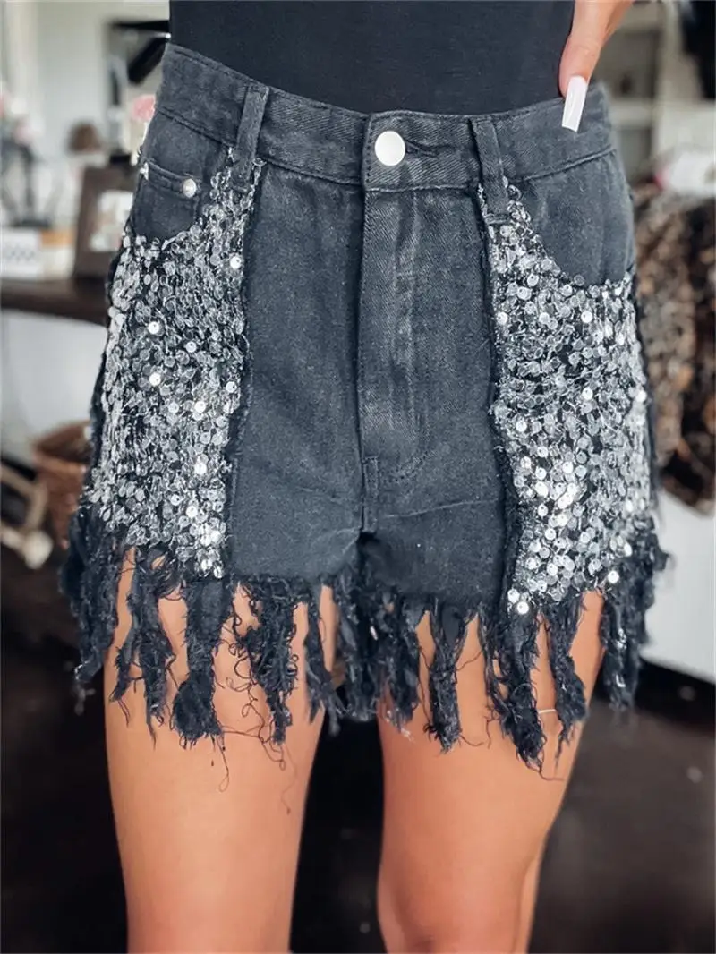 Women's 2022 spring and summer new street INS stitching sequins bright sparkling washed raw fringed fringed denim shorts