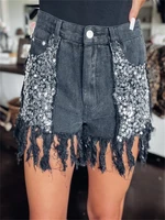 womens 2022 spring and summer new street ins stitching sequins bright sparkling washed raw fringed fringed denim shorts