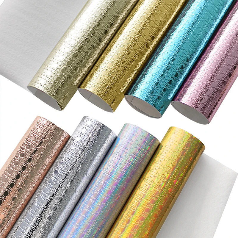 

Rainbow Gradient Holographic Leather Embossed texture Fabric PU faux leather sheets Mirror Faux For Bows DIY 30x135cm