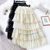 sweet lace tulle skirt for women spring summer chic layered cake skirt lady japan style high waist mesh a line long skirt