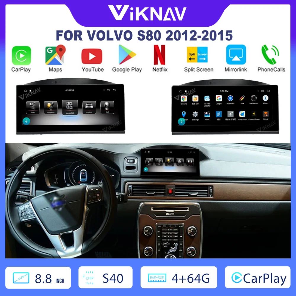 8.8 Inch 64G Carplay Radio For Volvo S80 2012-2015 Android Navigation GPS 1080P HD DVD Multimedia Rear View Auto Accessoires