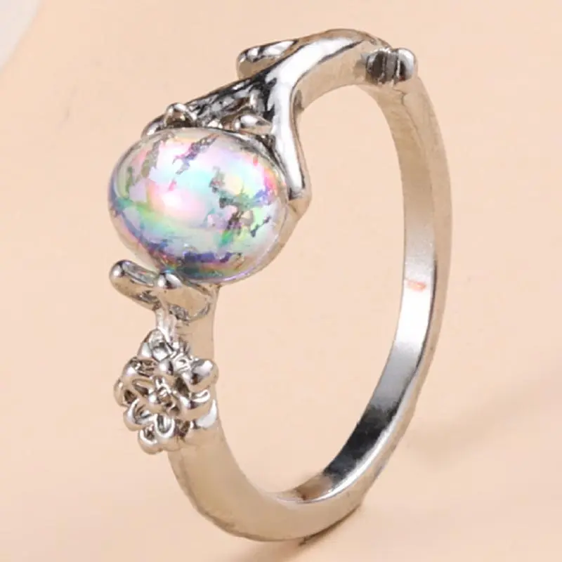 

Resin Moonstone Ring Vintage Flower Rings for Women White Gold Color Wedding Jewelry Woman Engagement Ring