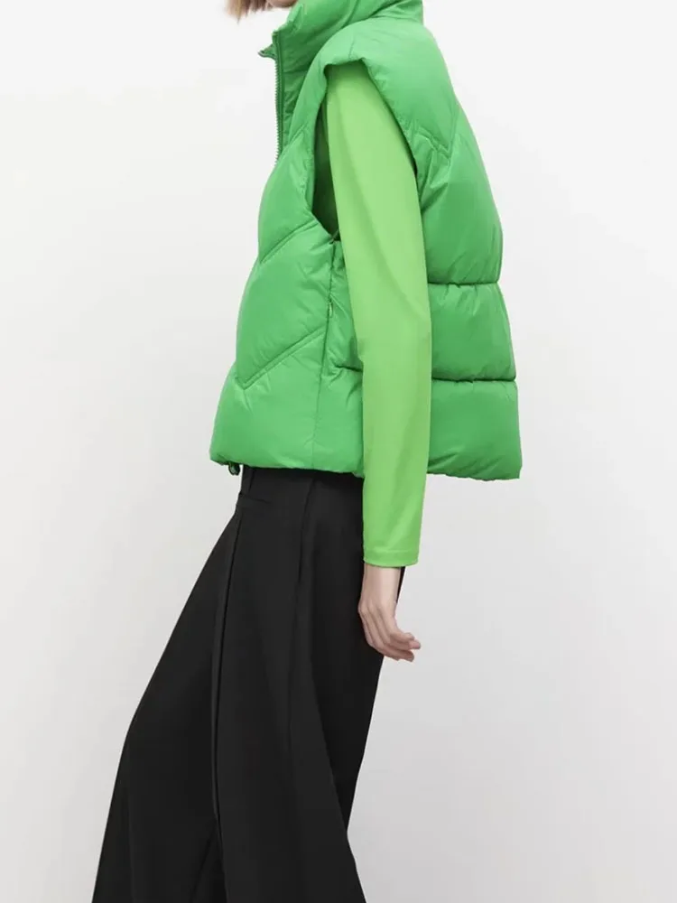Women Vest Jacket Green Sleeveless Jackets Warm Winter Casual Outerwear Adjustable Drawstring Zipper Waistcoats Female Parkas | Женская