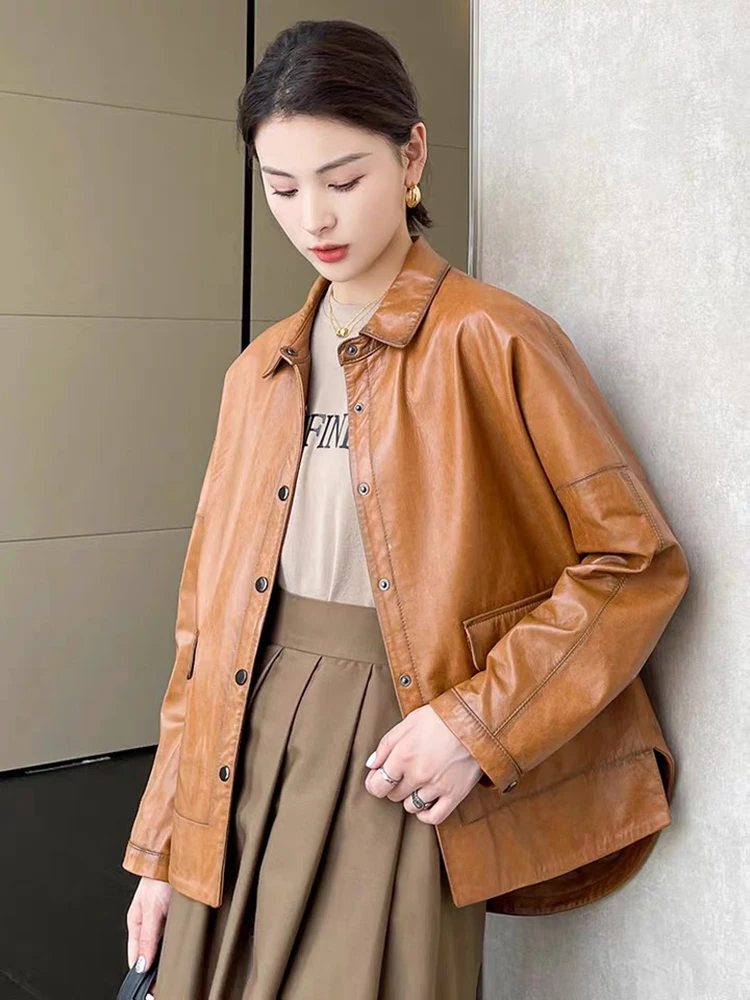 Women Genuine Sheepskin Leather Spring Autumn Fashion Classic Khaki Real Leather Jacket Oversize Loose Real Leather Coat