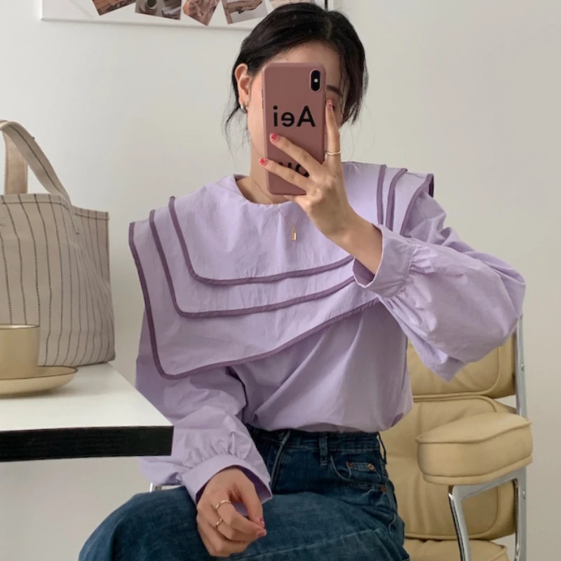 

Рубашка с трехслойным синим воротником, хлопковая свободная повседневная короткая блузка с коротким рукавом, милый корейский топ в стиле р...