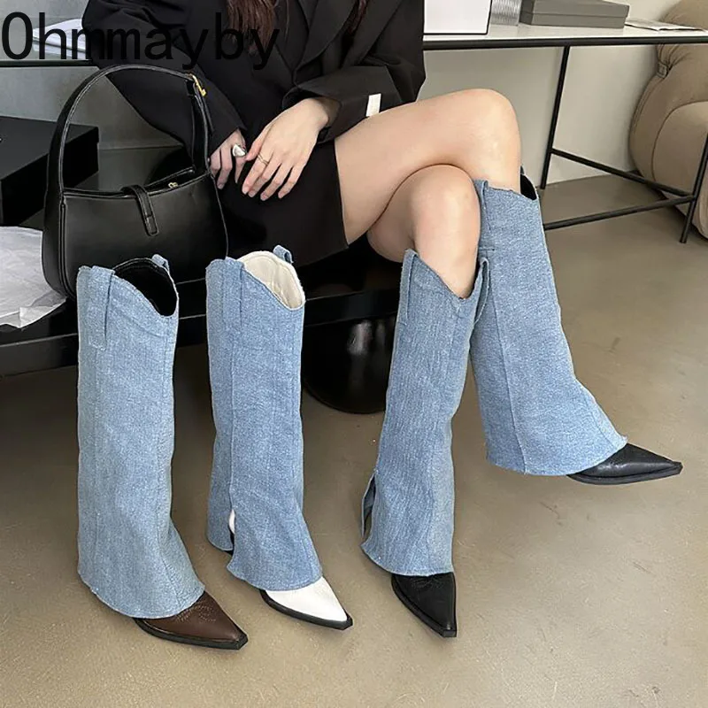 

Woman Western Cowgirl Boot Fashion Side Zippers Square Mid Heel Shoes Ladies Elegant Pointed Toe Long Booties