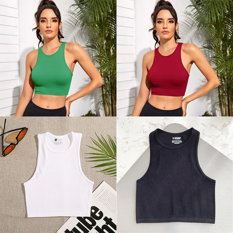 

Women Yoga Vest Gym Sports Crop Tops Seamless Streetwear Rib-Knit Fitness Running Vest Workout Bra Tank Top Female Without Pad