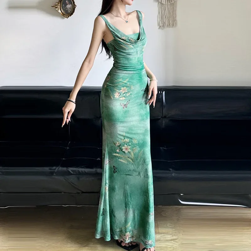 Лето 2023 новое свежее мятно-зеленое сетчатое платье с воротником-стойкой и