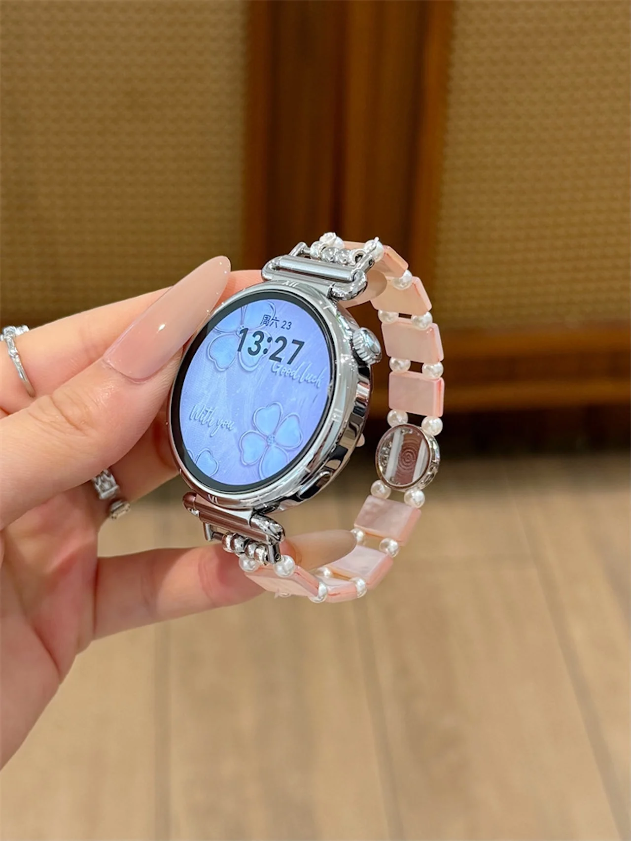 Фото Ремешок из блестящего жемчужного бисера, совместимый с Huawei Band 9, 10, 11, Fit4, 18/20/22 мм, розовый опал, мягкий аксессуар для часов с кристаллами №5