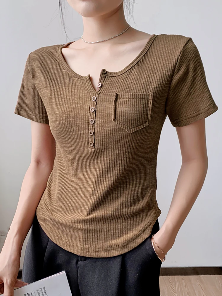 

Crop Top T Shirt T Shirts For Women Cotton Short Sleeve Button V-Neck Tee Shirt Korean Fashion Clothing Woman 2022 Summer Tops
