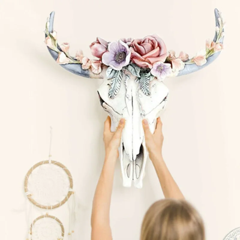 Resin Succulents Cow Skull Wall Pendant Flower Rose White Ox Head Resin Pendant European American Home Garden Decorations