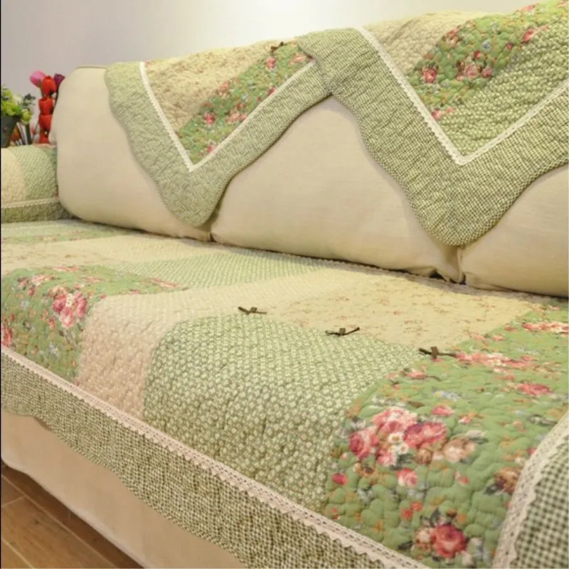 Green Floral Sofa Covers Couch Pastoral Washed Cotton Plaid Fabric Corner Towel Pillow Slip Seat Cushion Recliner Chair Cover