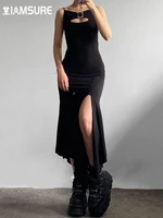 iamsure dark hollow out split long dress sexy solid basic sleeveless slash neck maxi dresses for women 2022 summer fashion lady