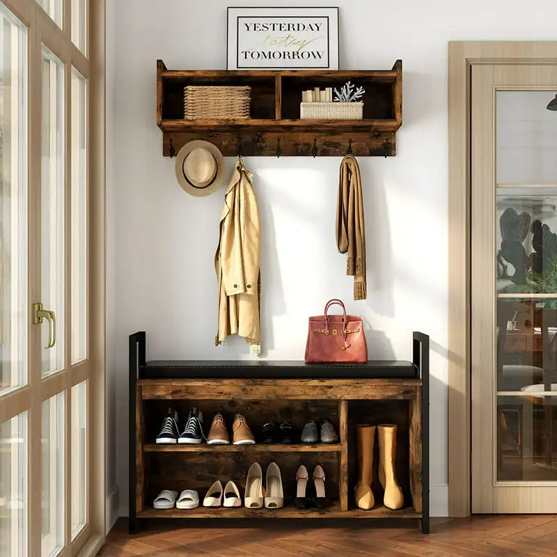 

Industrial Entryway Hall Tree Garment Coat Rack with Shoe Bench, Storage Shelves and 7 Hooks for Hallway, Living Room, Bedroom,