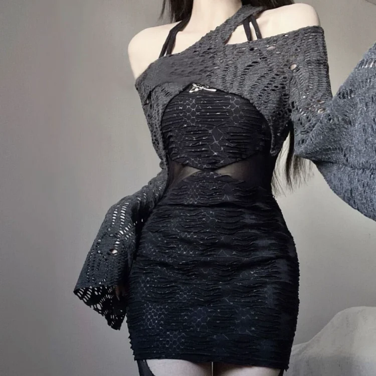 

Harajuku Sexy Off Shoulder Long Sleeve Tops Women+ Y2k Grunge Slim Waist Halter Bodycon Dress Spring E-Girl Two Piece Sets