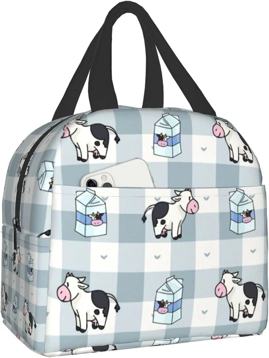 

Milk Cow Animal Blue Grid Lunch Box Travel Bag Picnic Bags Insulated Durable Shopping Bag Back To School Reusable Waterproof Bag