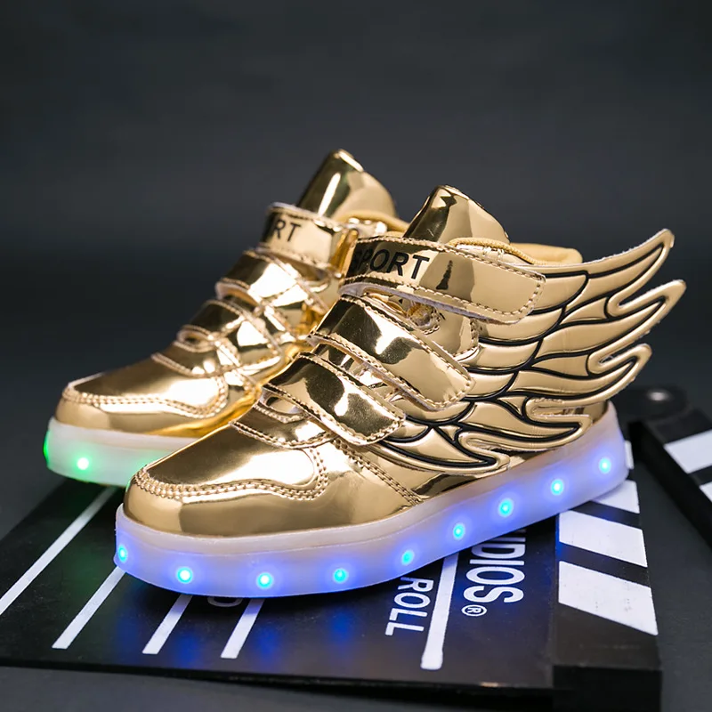 

2022 Kids Children Glowing Shoes with Wings for Boys and Girls LED Sneakers with Fur Inside Shoe for Fun USB Rechargeable Shoes