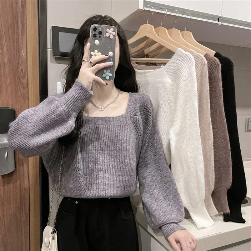 

Vintage Bubble Long Sleeve Women Sweater Autumn Winter Expose Clavicle Square Collar Knited Tops Large Size Loose Warm Pullovers