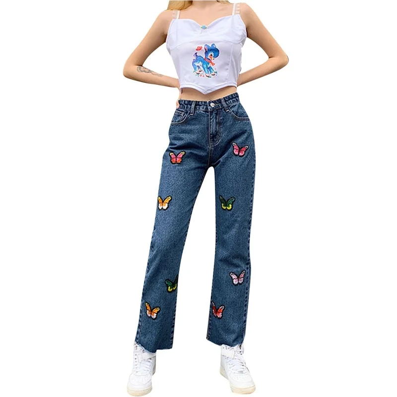Women Spring Autumn Loose Comfortable Denim Pants 2021 High Waist Slim Butterfly Embroidered Straight Casual Classic Jeans Pop