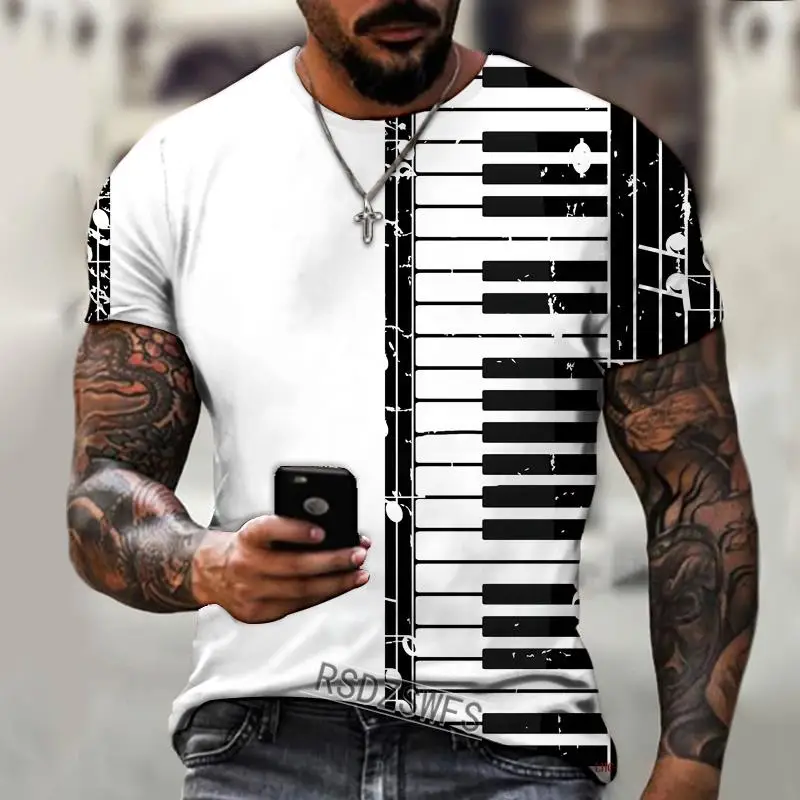 

Мужская футболка с коротким рукавом, черно-белая футболка с принтом фортепиано-клавиш и музыкальных заметок, из лайкры и полиэстера, лето 2022