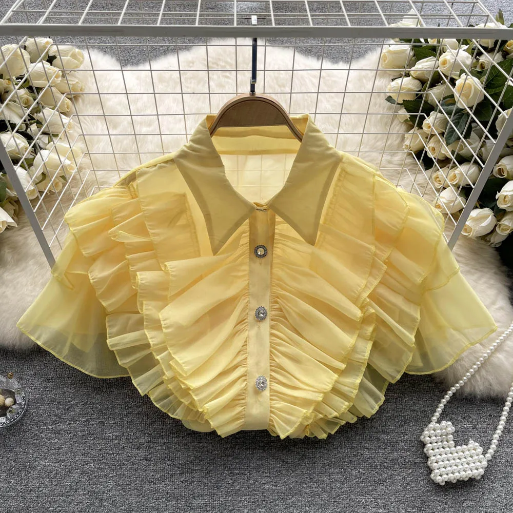

Summer New Design Ruffles Patchwork Turn Down Collar Short Sleeve Single Breasted Loose Chiffon Shirt For Women's Clothing