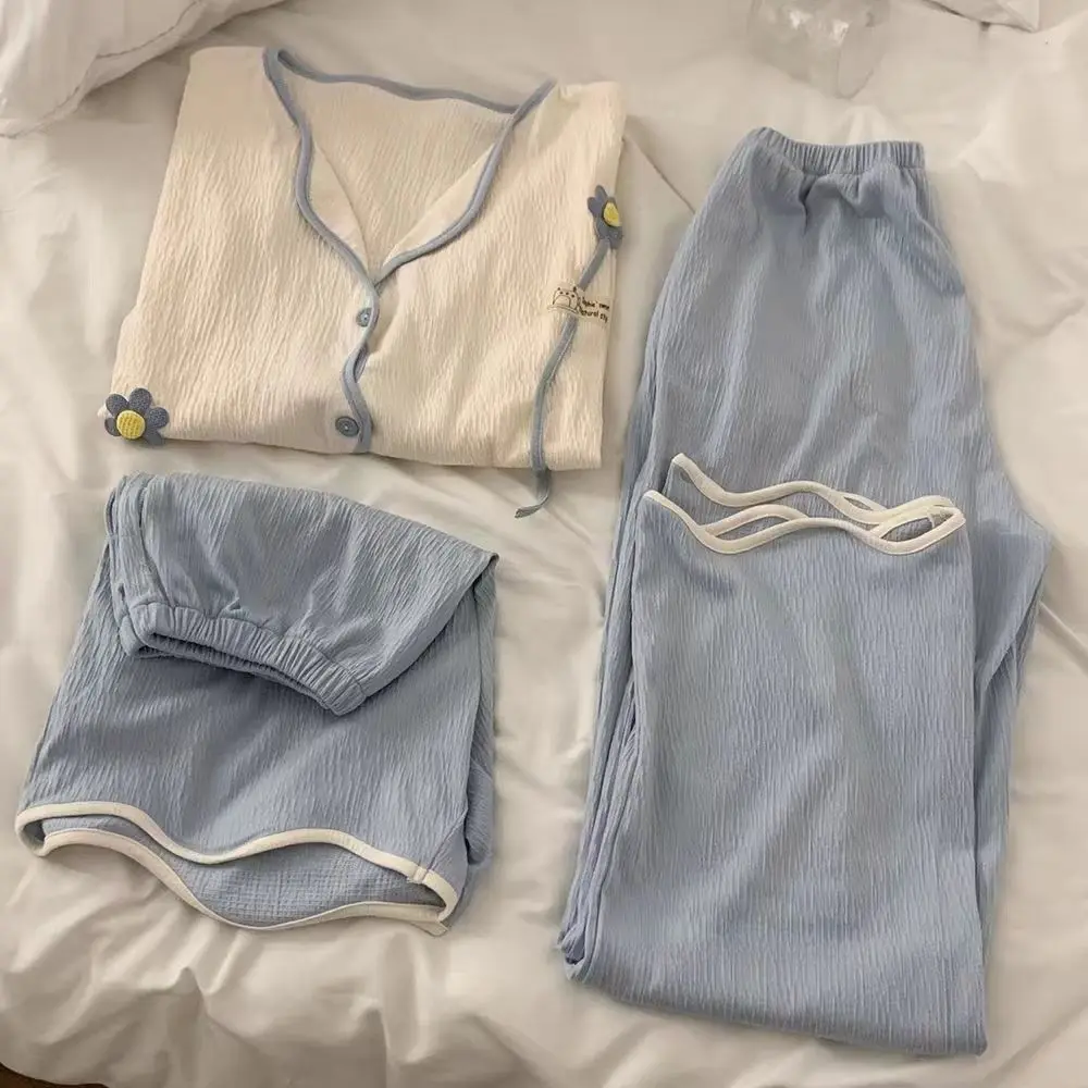 1 Hua Hua Pajamas Women's Summer Three Piece Set Cotton Short Sleeve Spring and Autumn Home Furnishing Set