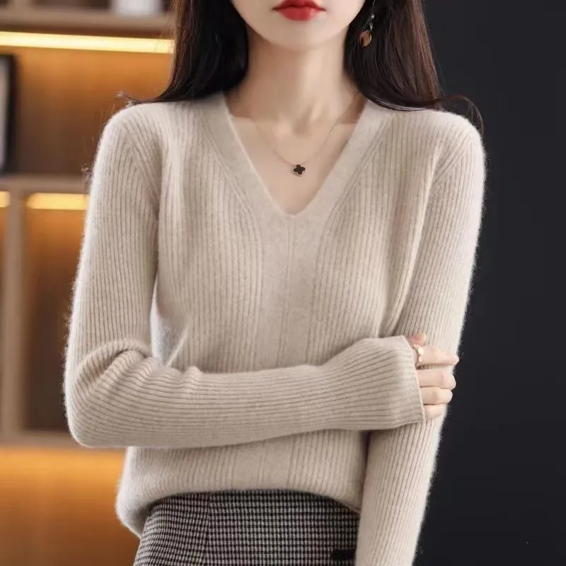 

Женский кашемировый свитер, повседневный Свободный пуловер из 100%-ной шерсти с V-образным вырезом, Осень-зима 23761
